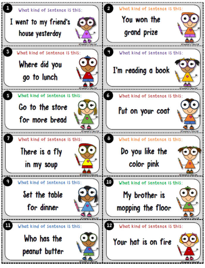 Colorful worksheet illustrating statements, questions, commands, and exclamations for first graders
