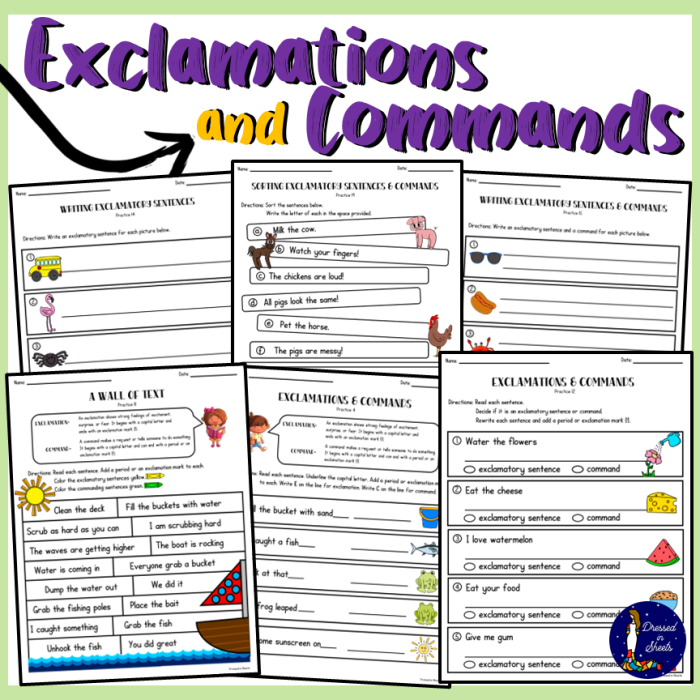 Colorful worksheet for first graders on types of sentences: statements, questions, commands, and exclamations. Engaging Sentences Handout for introducing sentence types to young learners.