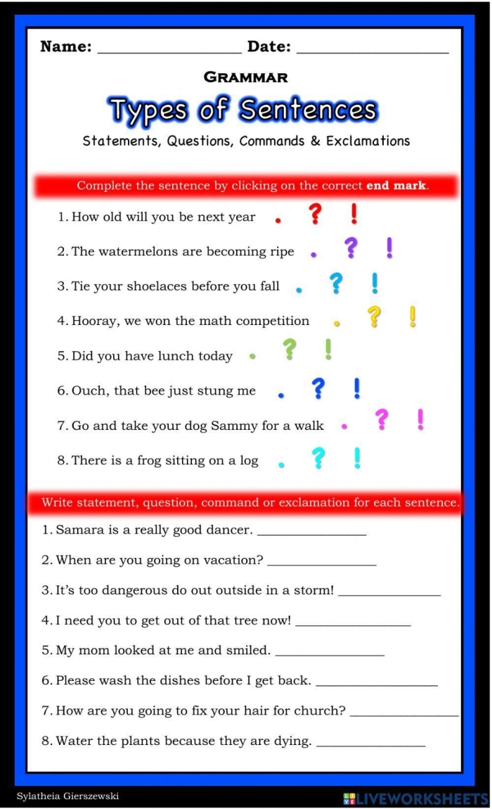 Colorful sentences handout for teaching statements, questions, commands, and exclamations to first graders