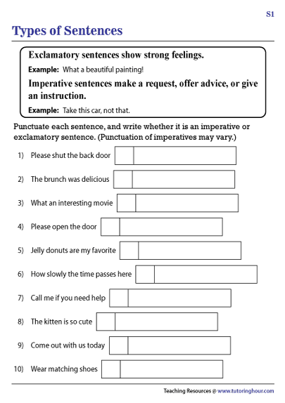 Colorful worksheet for first graders on the four types of sentences: statements, questions, commands, and exclamations.