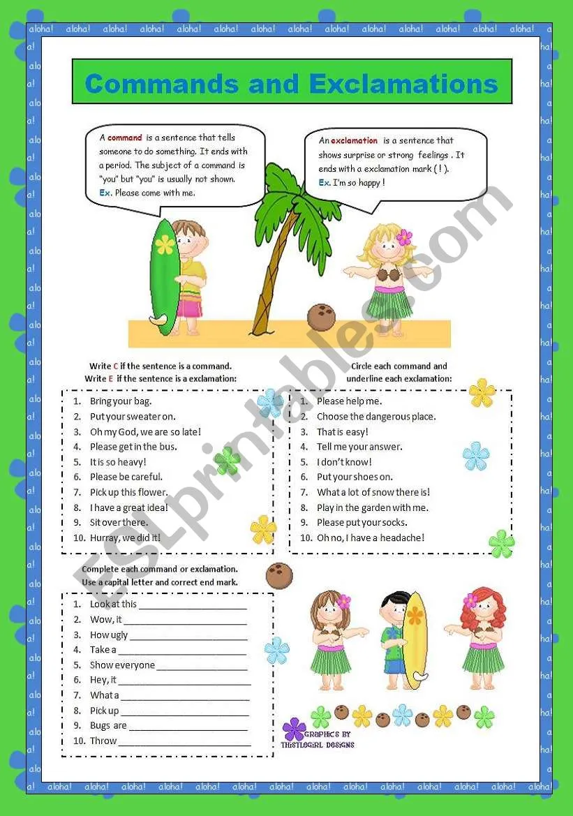 Colorful worksheet illustrating statements, questions, commands, and exclamations for first graders