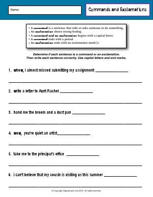 Colorful worksheet illustrating four types of sentences: statements, questions, commands, and exclamations for first graders. Engaging handout for exploring different sentence forms in first and second grade.