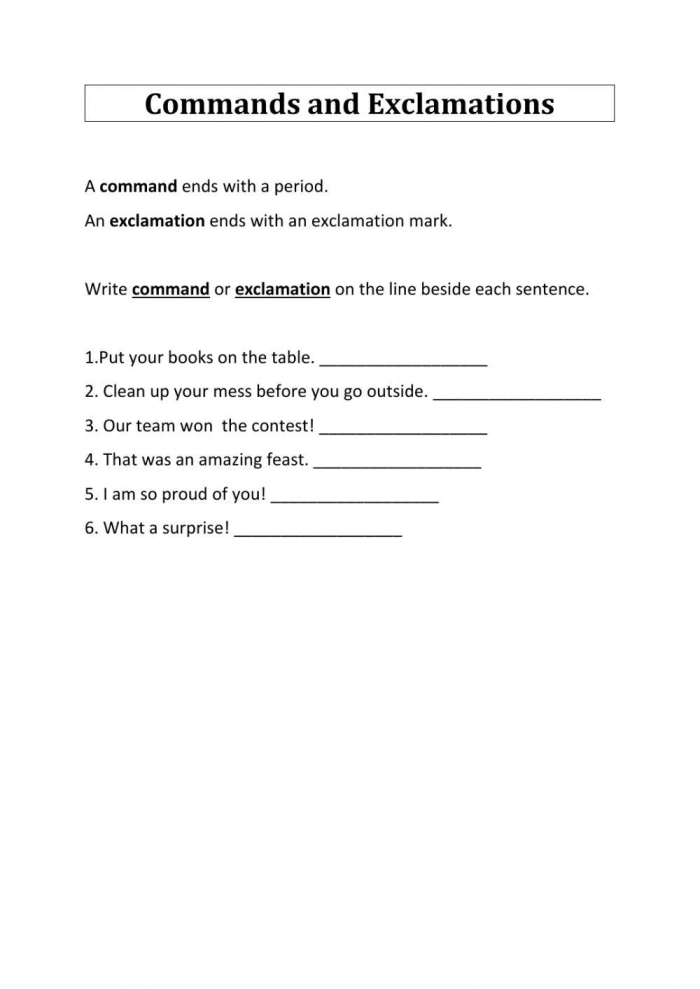 Colorful worksheet illustrating statements, questions, commands, and exclamations for first graders.