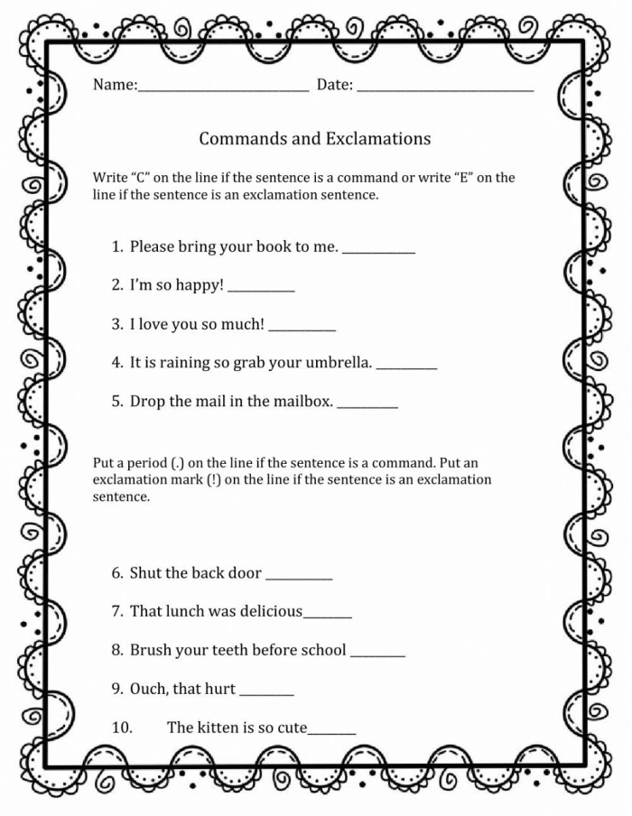 Colorful worksheet illustrating four types of sentences: statements, questions, commands, and exclamations for first graders