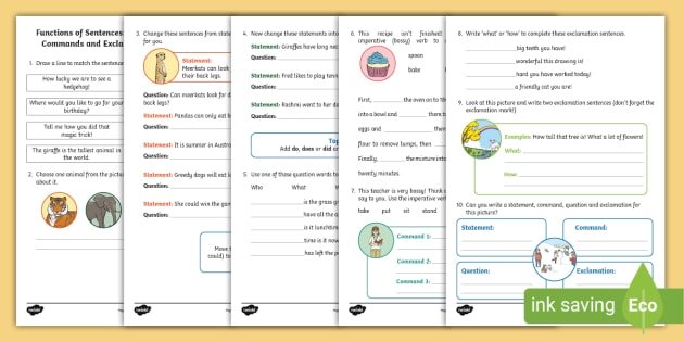 Colorful worksheet illustrating different types of sentences for first graders