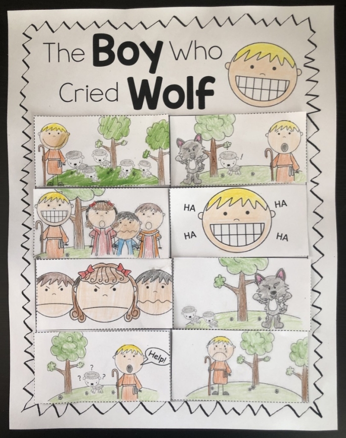 Numbers and Counting worksheet for First Grade Worksheet featuring The Boy Who Cried Wolf story for first graders to practice sequencing. Educational activity image for numbers and counting based on a classic fable.