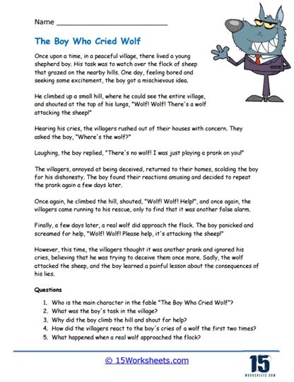 First Grade Numbers and Counting: Arrange the events of the fable correctly Worksheet featuring a sequencing activity for The Boy Who Cried Wolf story