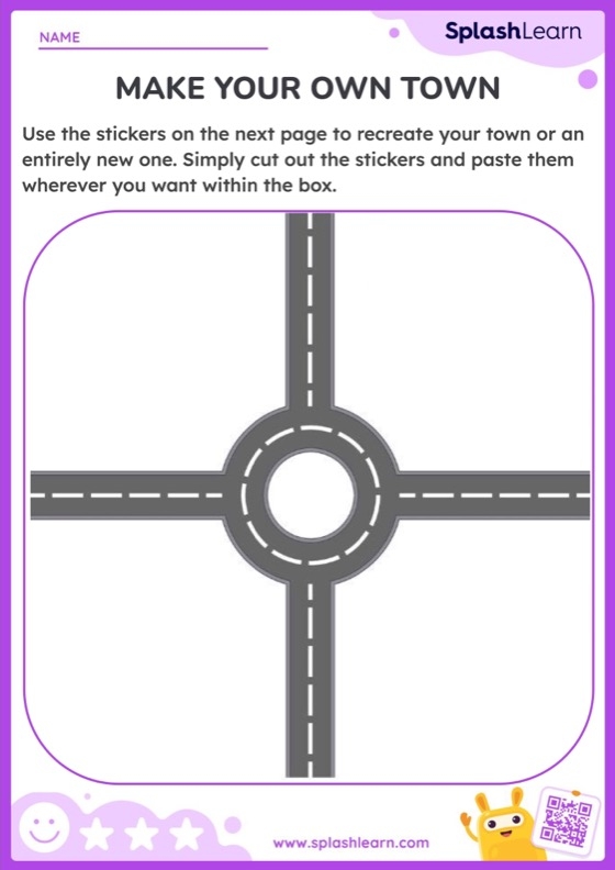 My Kind of Town: Finding Shapes in the City Picture Activity First grade worksheet showing a colorful town scene with hidden shapes for children to identify and circle