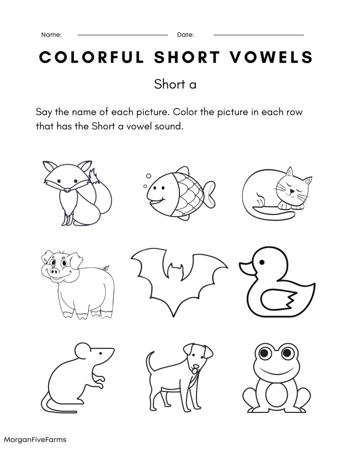 Alphabet worksheet for First Grade First grade phonics worksheet featuring activities for practicing the short "A" vowel sound with pictures and writing. Worksheet 21 for short "A" vowel identification and word creation.
