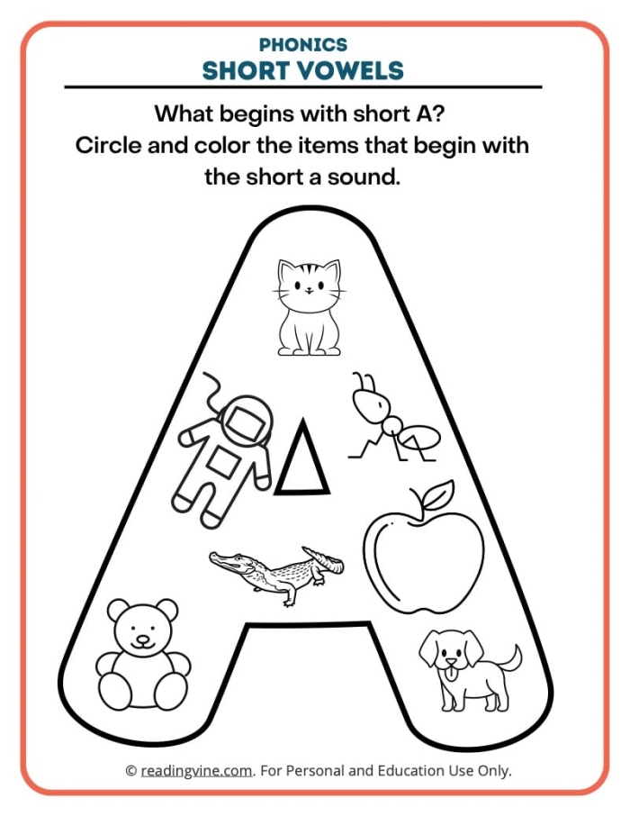 Alphabet worksheet for First Grade First grade phonics worksheet featuring short "A" vowel sound activities with pictures and word writing. Engaging short "A" vowel practice for first graders.