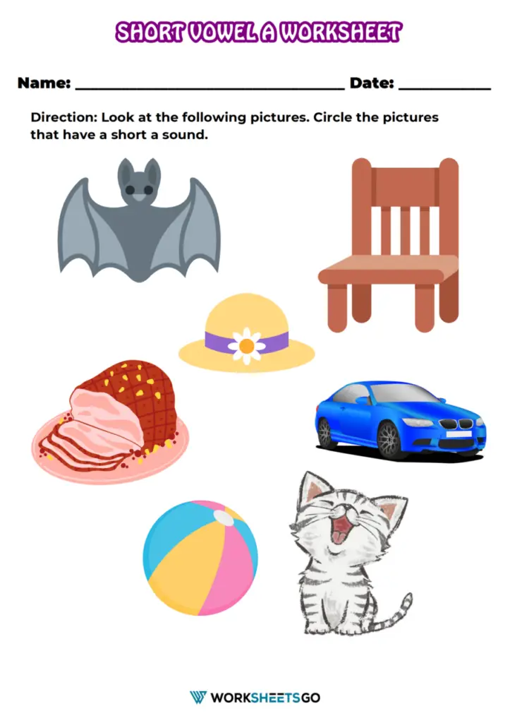 Illustration of a phonics activity focused on short "A" for first graders First grade worksheet featuring short "A" vowel sound practice with pictures to circle and a word writing exercise