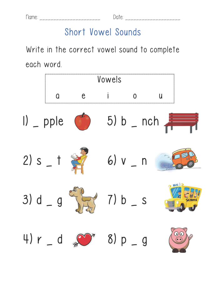 Worksheet image featuring short "A" vowel activities for young learners First grade phonics worksheet for practicing the short "A" vowel sound through picture identification and word writing
