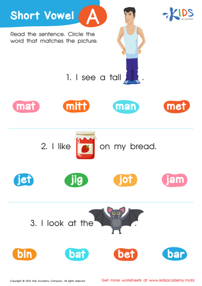 Alphabet worksheet for First Grade First grade phonics worksheet featuring activities for identifying the short "A" vowel sound. Engaging short "A" vowel practice for young learners.