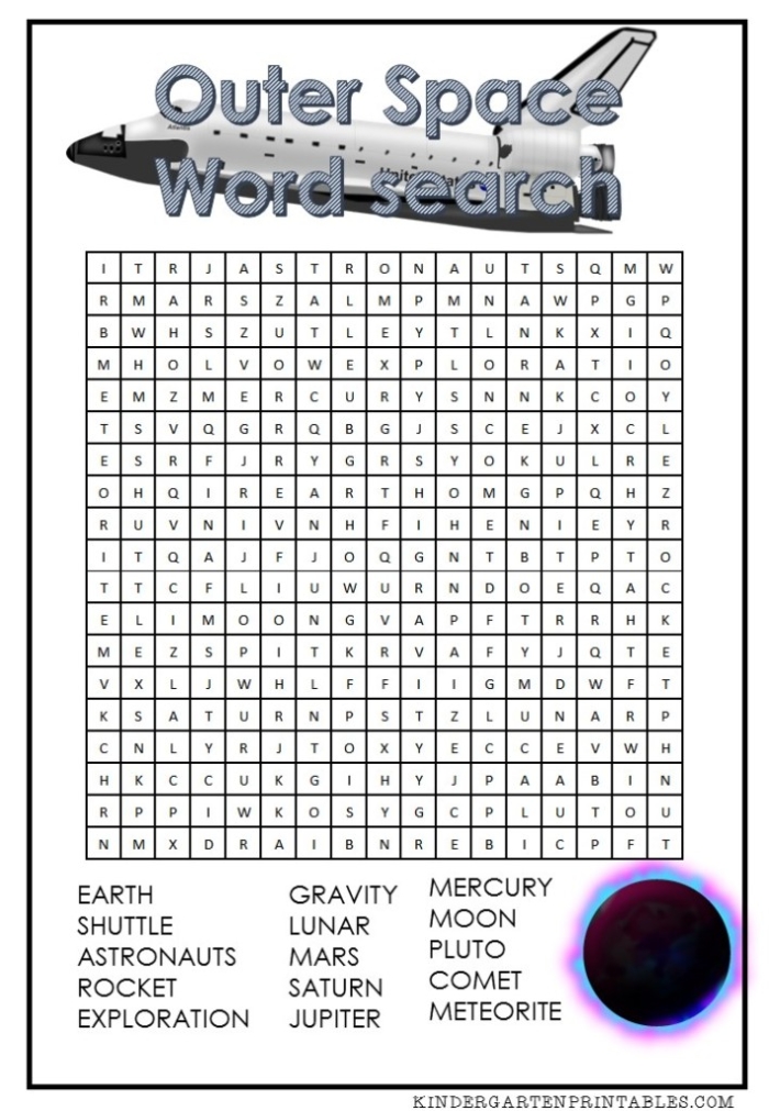Outer Space Word Search worksheet for first graders practicing subtraction skills, image 20 First Grade subtraction word search with outer space theme featuring space vocabulary