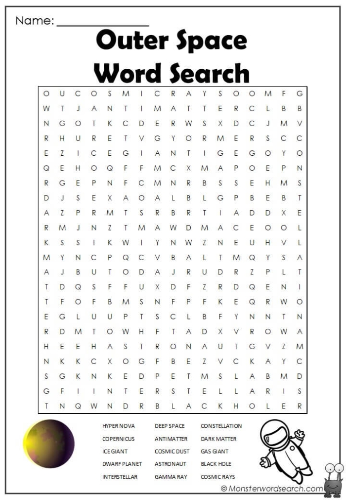 Explore subtraction skills with this fun space-themed word search worksheet 15 First Grade Outer Space Word Search with subtraction terms and space vocabulary