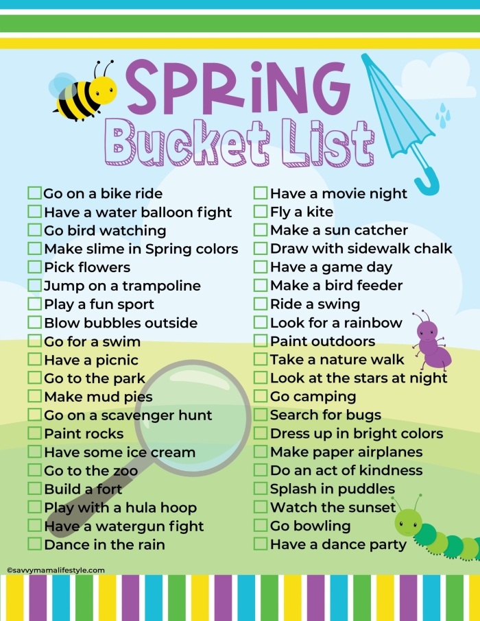 Spring Bucket List worksheet for first grade geometry with colorful spring-themed illustrations