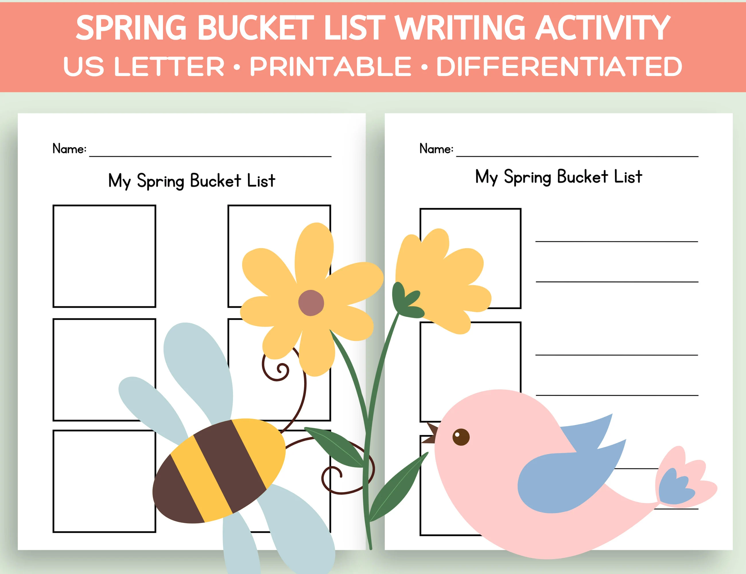 First Grade Geometry Spring Bucket List worksheet featuring colorful spring-themed activities