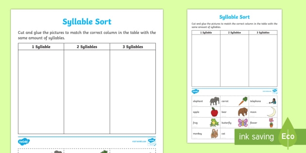 Engaging worksheet image to help students learn about syllables through sorting activities Syllable Sort worksheet for first graders featuring cut-out words for syllable counting practice