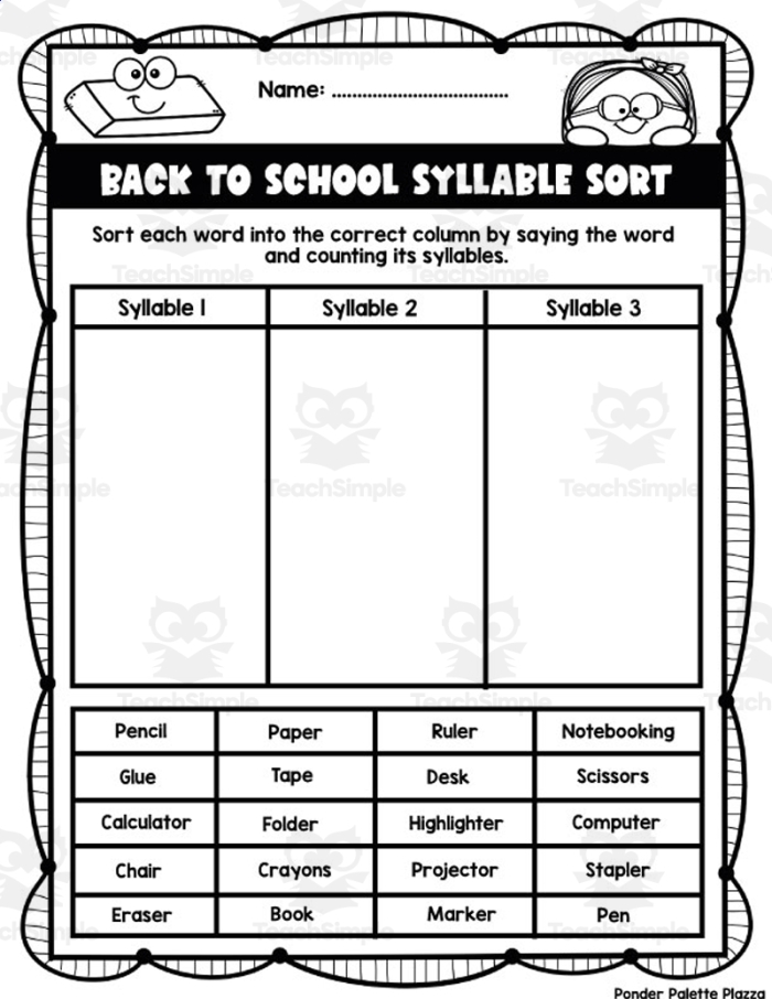 Engaging activity for practicing syllable counting in a fun, hands-on way Syllable Sort worksheet for first graders, featuring words to cut out and categorize by syllable count