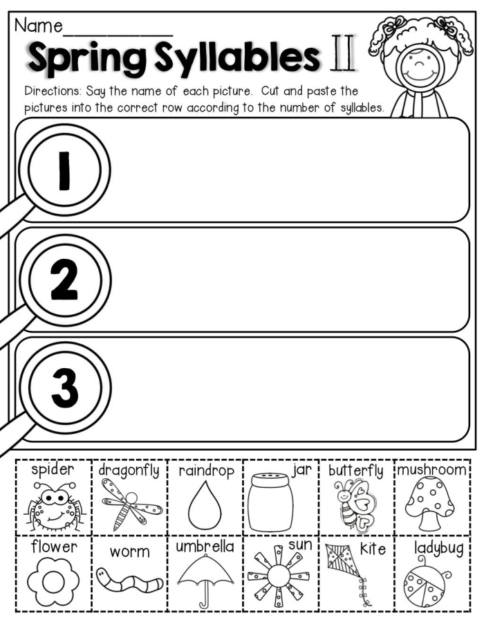 Engaging activity for students to practice syllable sorting skills Syllable Sort worksheet for first graders featuring cut-out words for counting syllables