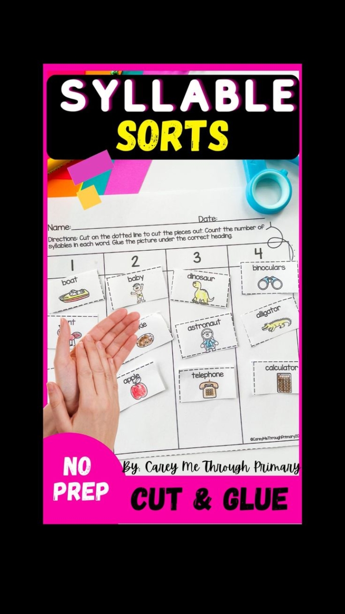 Engaging worksheet for counting and sorting syllables in first grade writing activities Syllable Sort worksheet for first graders featuring cut-out words for syllable practice