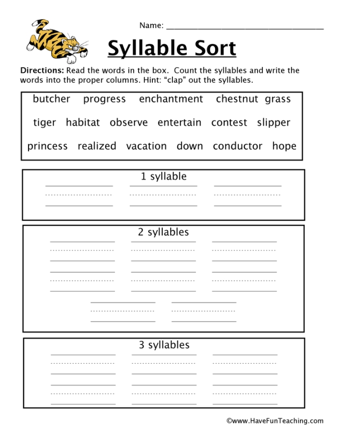 Engaging worksheet for practicing syllable counting and sorting skills in early writing education Syllable Sort worksheet for first graders featuring words to cut out and categorize by syllable count