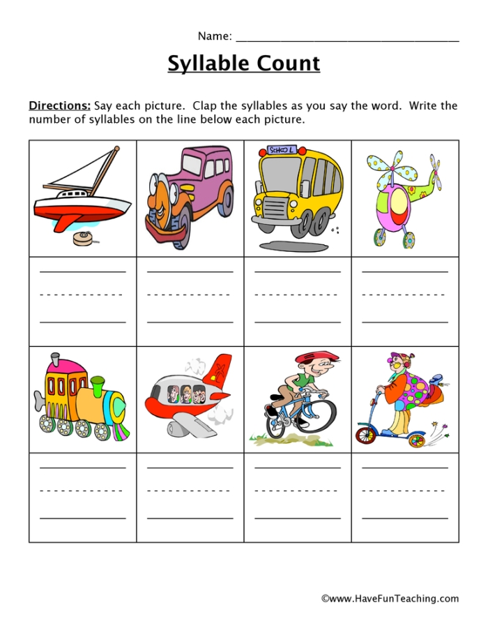 Engaging worksheet to help students practice syllable recognition and sorting First grade Syllable Sort worksheet for counting and sorting syllables