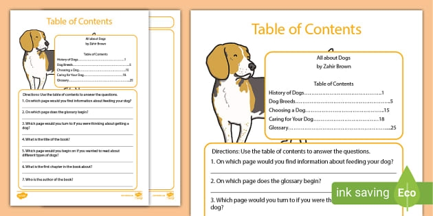Alphabet worksheet for First Grade Worksheet showcasing a sample table of contents with comprehension questions for first graders. Exploring a Table of Contents worksheet for young learners to enhance their reading skills.