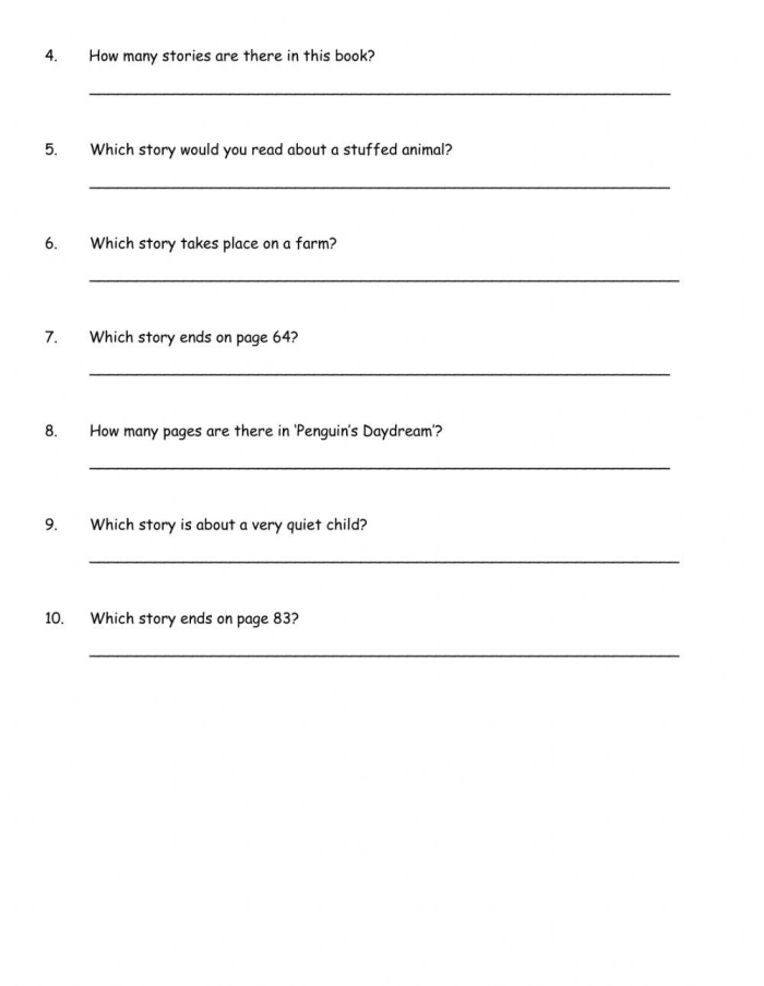 Exploring a Table of Contents worksheet for young learners Sample worksheet featuring a table of contents and comprehension questions for first graders