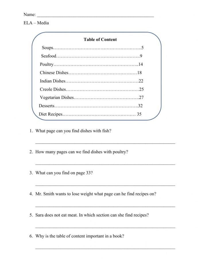 Exploring a Table of Contents worksheet for first-grade students Sample worksheet featuring a Table of Contents and comprehension questions for first graders