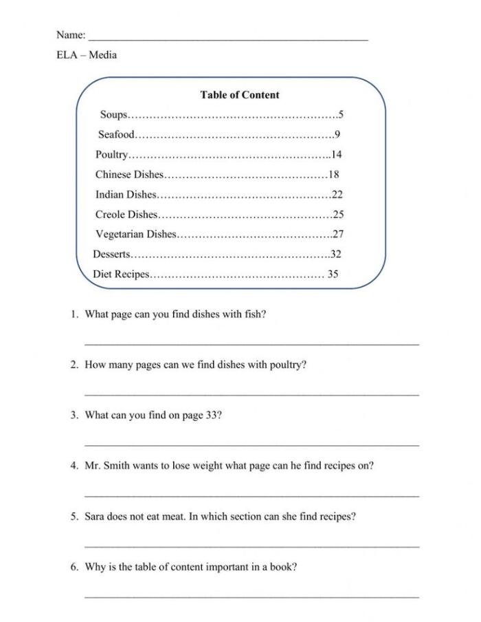 Exploring a Table of Contents worksheet for young learners Worksheet featuring a sample table of contents and related comprehension questions for first graders