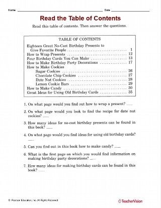 Exploring a Table of Contents worksheet for first-grade students Sample worksheet featuring a table of contents and comprehension questions for first graders