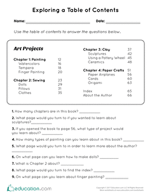 First Grade Alphabet Worksheet: Exploring a Table of Contents Sample worksheet for exploring a table of contents with comprehension questions for first graders