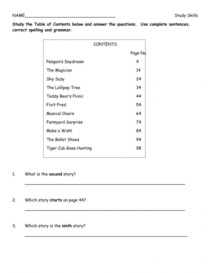 Worksheet image illustrating table of contents and comprehension questions Sample worksheet on exploring a table of contents for first graders