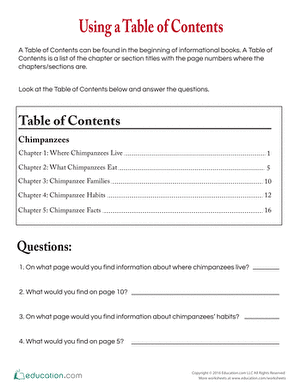 Sample worksheet image for exploring a Table of Contents in first-grade learning Table of Contents worksheet for first graders featuring comprehension questions
