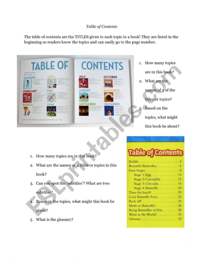 Alphabet worksheet for First Grade First grade worksheet featuring a sample table of contents and comprehension questions for kids. Exploring a Table of Contents worksheet for young learners.
