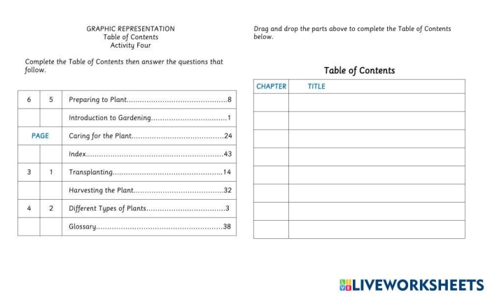 Alphabet worksheet for First Grade Sample worksheet featuring a table of contents and related comprehension questions for first graders. Exploring a Table of Contents worksheet for first grade students.