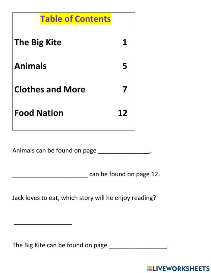 Exploring a Table of Contents worksheet for first graders to enhance understanding of text organization. First grade worksheet showcasing a sample table of contents with accompanying comprehension questions for kids.
