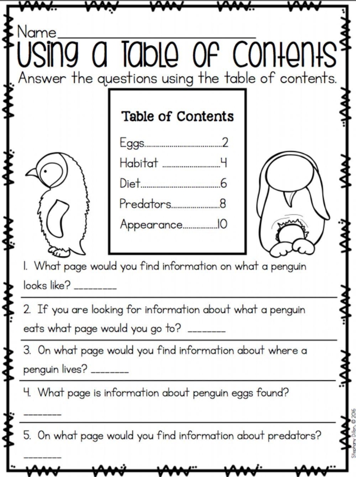 Exploring a Table of Contents worksheet for first grade students Sample worksheet featuring a table of contents and comprehension questions for first graders