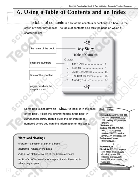 Exploring a Table of Contents worksheet for first grade students Sample worksheet for exploring a Table of Contents with comprehension questions for first graders