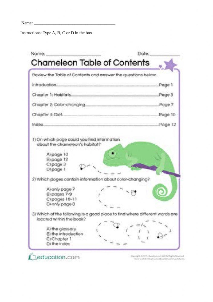 Exploring a Table of Contents worksheet for young learners in grade one Sample worksheet featuring a Table of Contents for first graders with comprehension questions