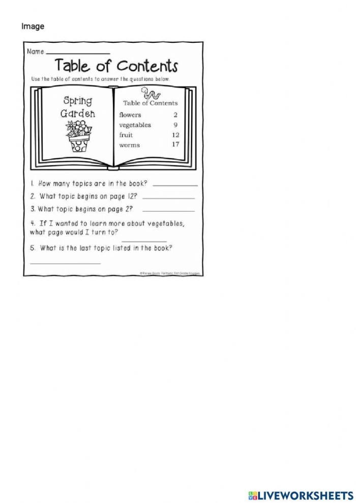 Alphabet worksheet for First Grade First grade worksheet featuring a sample table of contents and related comprehension questions for kids. Exploring a Table of Contents worksheet for young learners.