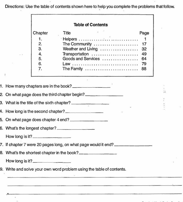 Exploring a Table of Contents worksheet for early reading practice Table of Contents worksheet for first graders featuring sample content and comprehension questions