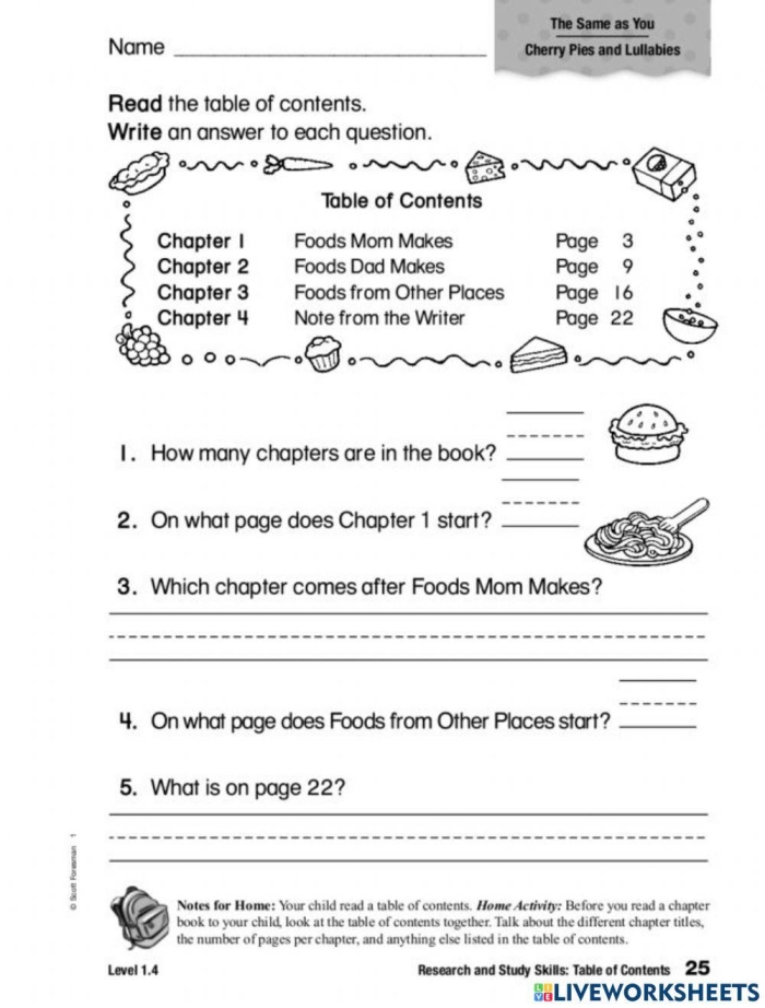 Exploring a Table of Contents worksheet for grade 1 students Worksheet featuring a sample table of contents and comprehension questions for first graders