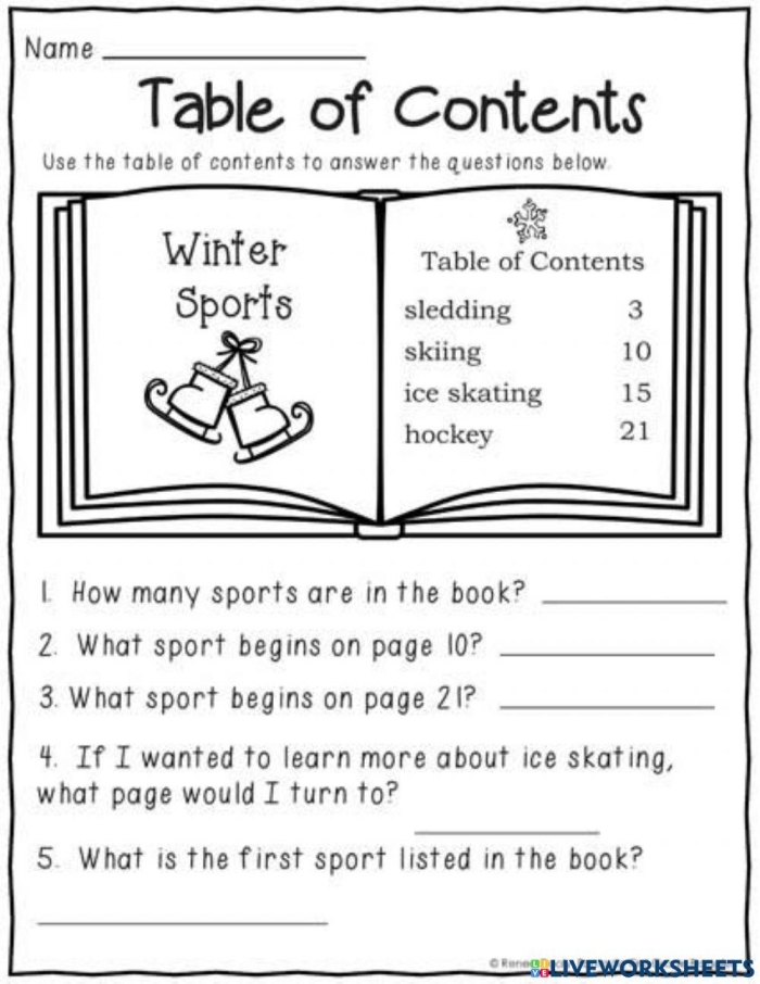 Alphabet worksheet for First Grade First grade worksheet featuring a sample table of contents with comprehension questions for kids. Exploring a Table of Contents worksheet for young learners.