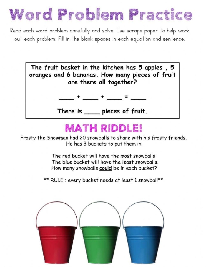Three Addend Word Problems Worksheet for First Grade - Place Value Activities Worksheet featuring first graders solving three addend word problems with ample space for their calculations