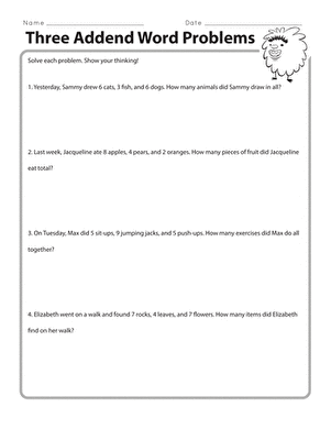Interactive worksheet for teaching three addend word problems in first grade math Three addend word problems worksheet designed for first graders to enhance their place value skills