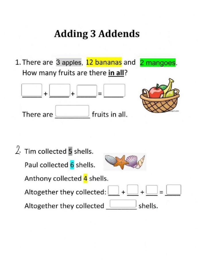 Place Value worksheet for First Grade Worksheet for first graders featuring three addend word problems with ample space for problem-solving. Three Addend Word Problems Worksheet for Place Value Practice