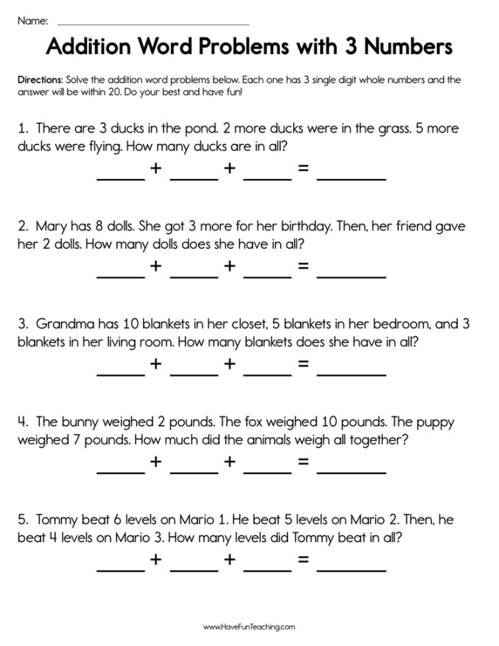 Three Addend Word Problems worksheet for first grade students to practice solving with space for explanations Worksheet featuring three addend word problems for first graders to enhance their place value skills
