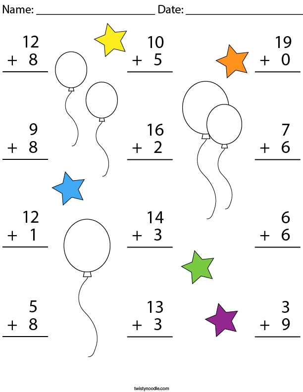 Addition to 20 practice worksheet for first graders with time and money theme, image 14 First Grade addition to 20 worksheet focusing on time and money problems